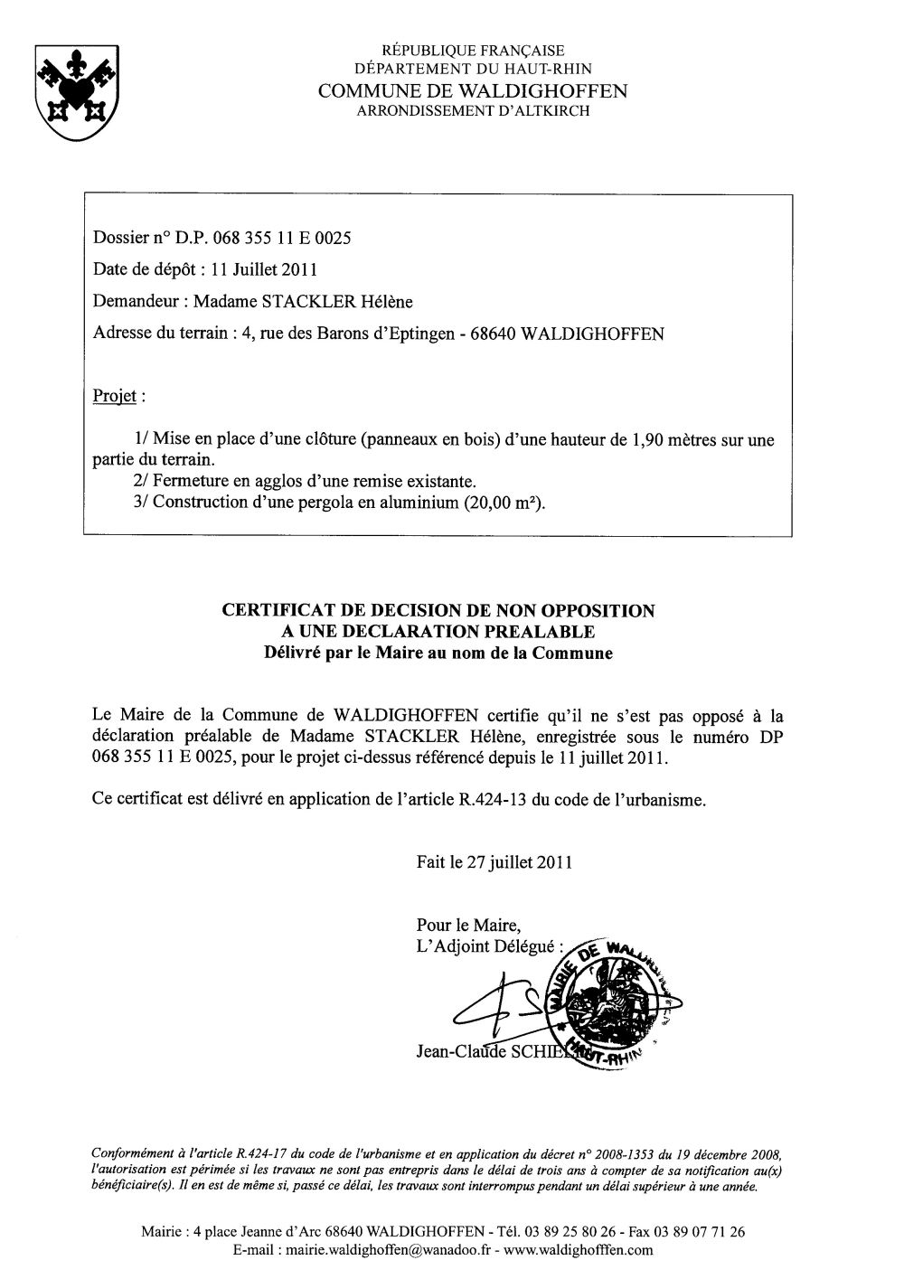 Non-opposition à la déclaration préalable n°11E0025 - Mme STACKLER