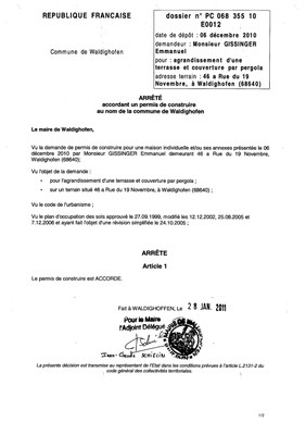 Arrêté accordant le permis de construire n°10E0012 - M. GISSINGER Emmanuel