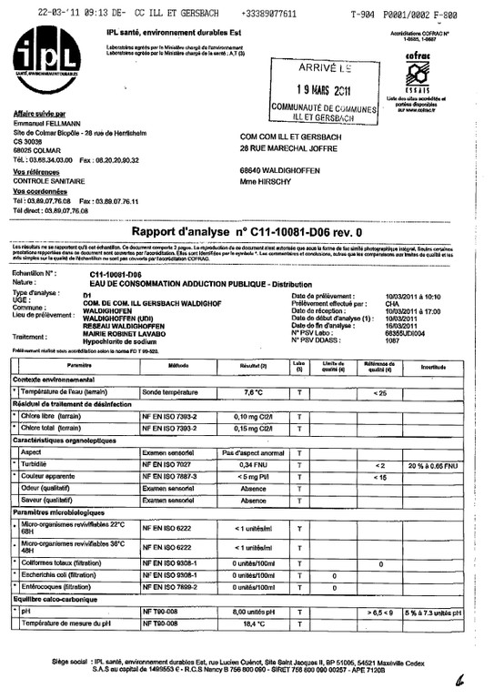 Rapport d&rsquo;analyse d&rsquo;eau potable n&deg;C11-10081-D06 du 10/03/2011