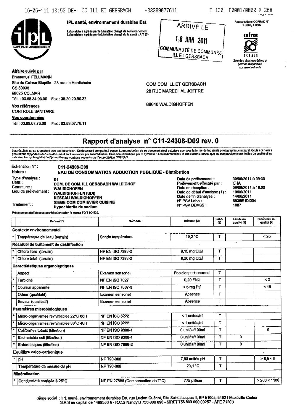Rapport d'analyse d'eau potable n°C11-24308-D09 du 09/06/2011
