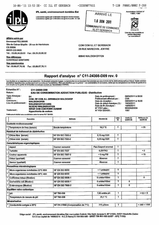 Rapport d&rsquo;analyse d&rsquo;eau potable n&deg;C11-24308-D09 du 09/06/2011