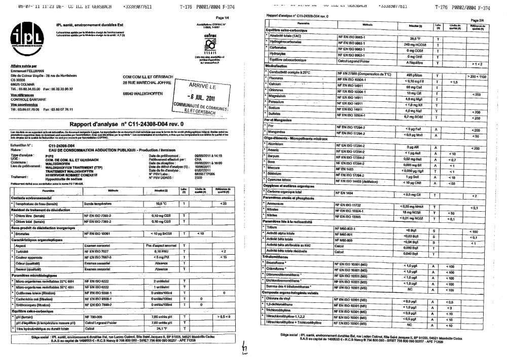 Rapport d'analyse d'eau potable n°C11-24308-D04 du 04/07/2011