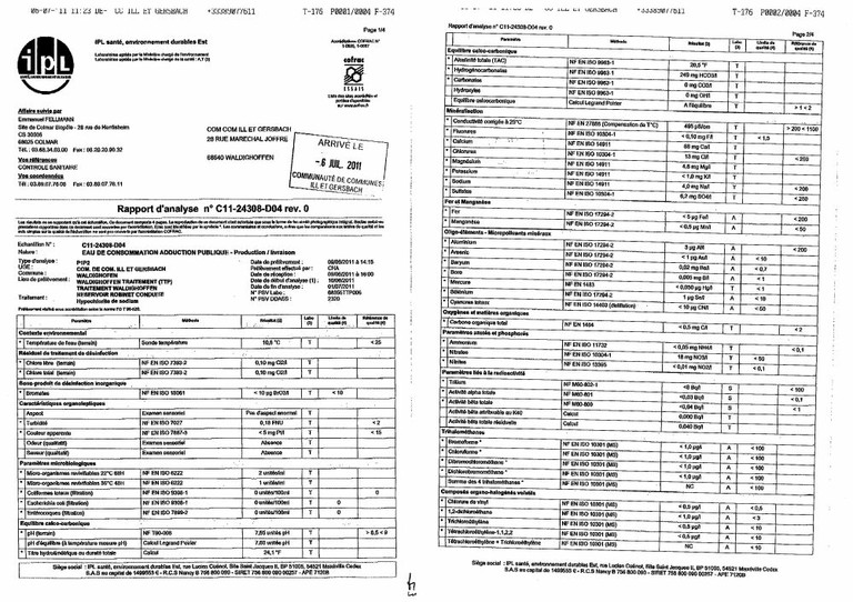 Rapport d&rsquo;analyse d&rsquo;eau potable n&deg;C11-24308-D04 du 04/07/2011