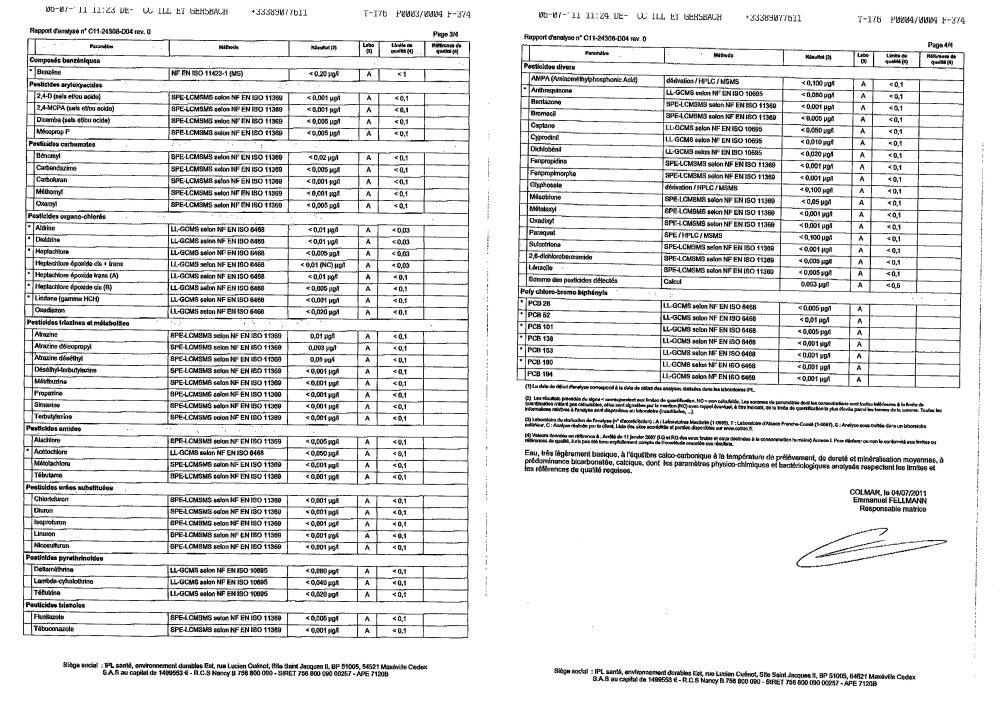 Rapport d'analyse d'eau potable n°C11-24308-D04 du 04/07/2011 