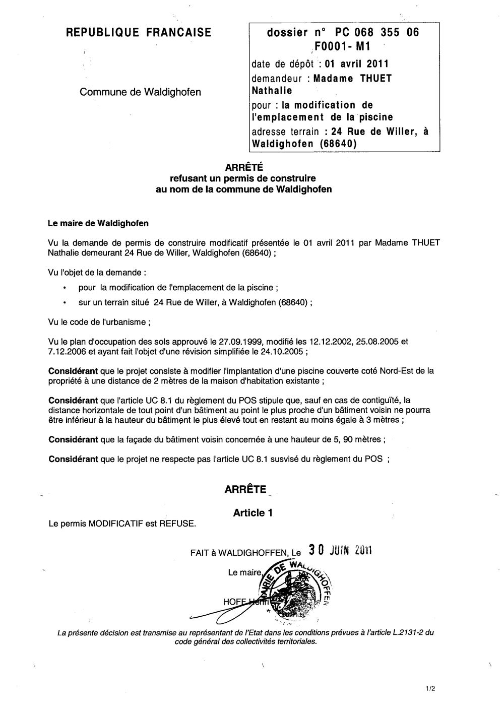 Arrêté refusant le permis de construire n° 06F0001-M1 - Mme THUET