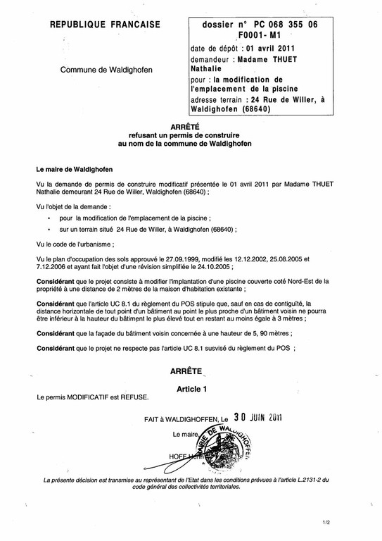 Arrêté refusant le permis de construire n° 06F0001-M1 - Mme THUET