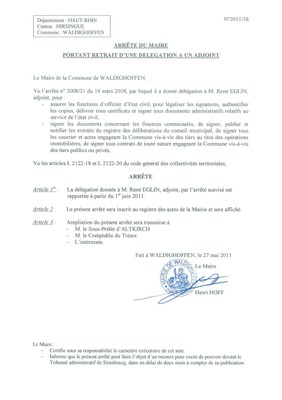 Arrêté du Maire n°2011/38 - Délégation
