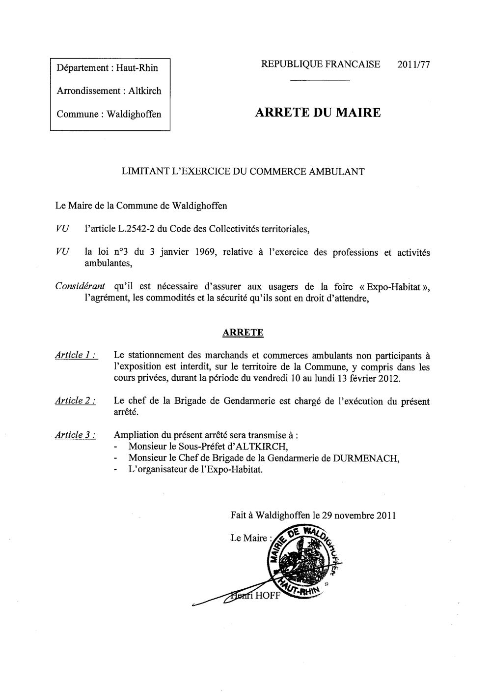 Arrêté du Maire n°2011/77 - Exercice du commerce ambulant