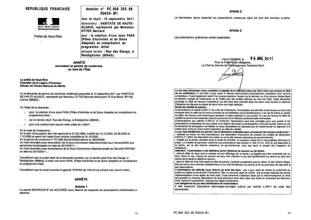 Arrêté du permis de construire modificatif n°08E0029 - Habitat Haute Alsace
