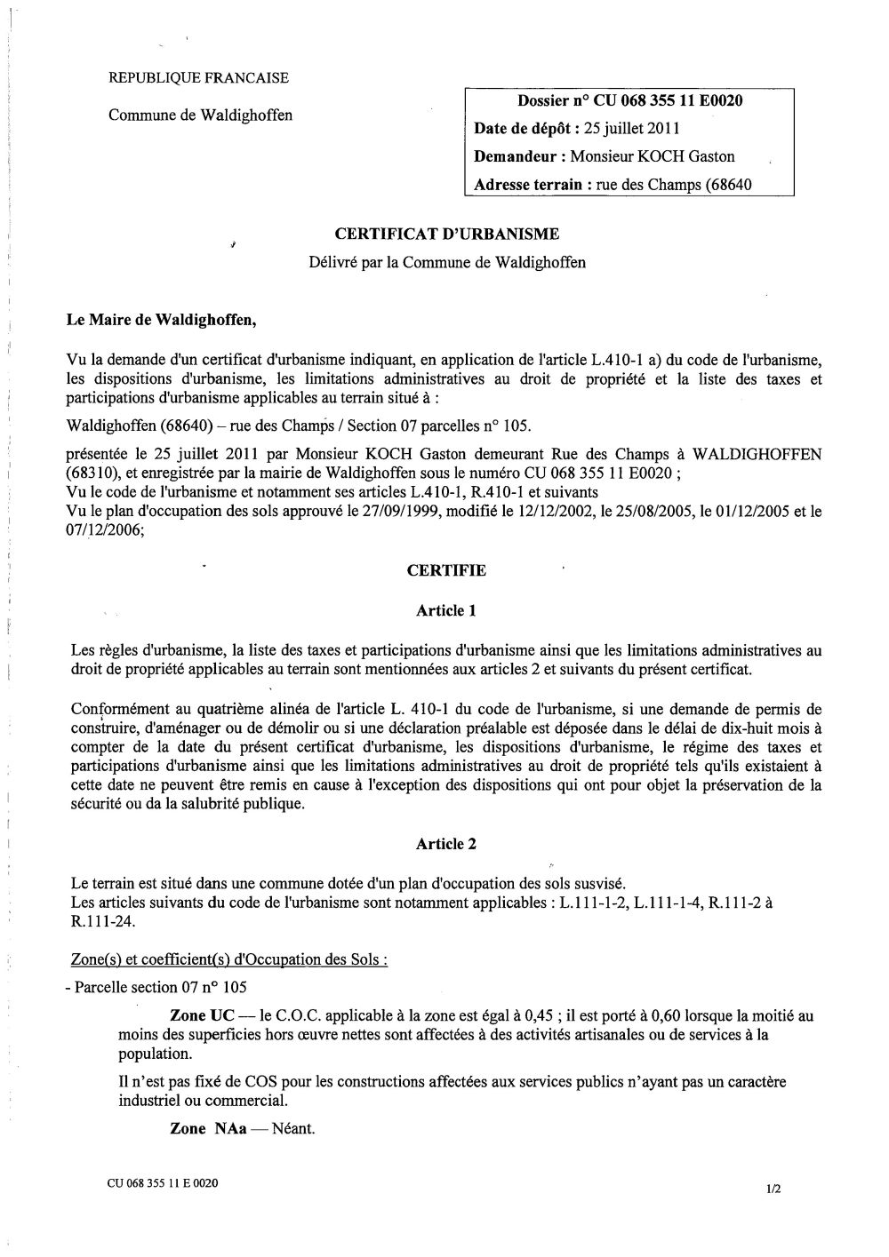 Certificat d'urbanisme n°11E0020 - M. KOCH Gaston