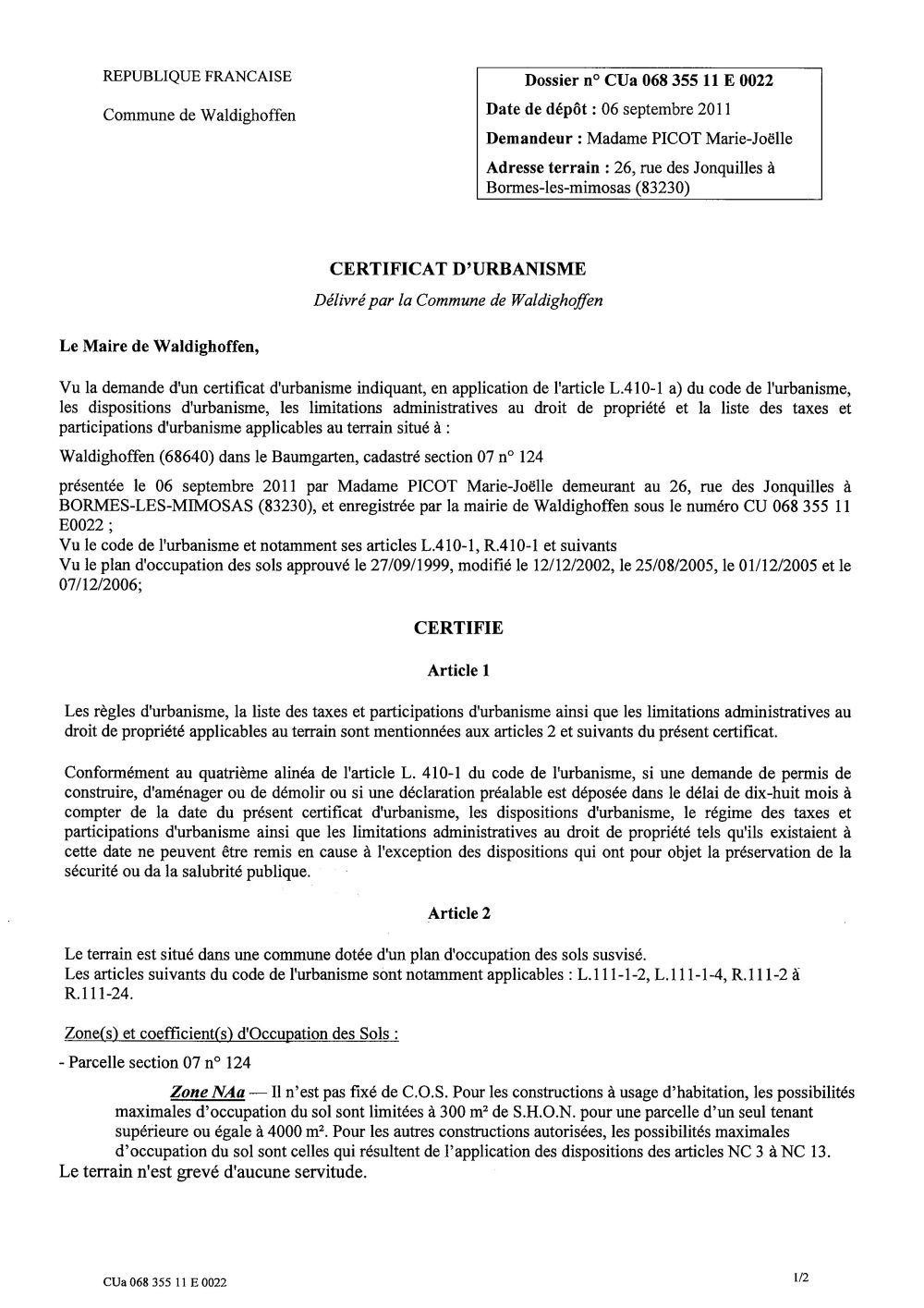 Certificat d'urbanisme n°11E0022 - Mme PICOT