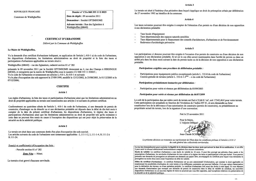 Certificat d'urbanisme n°11E0025 - Société OPTIMHOME