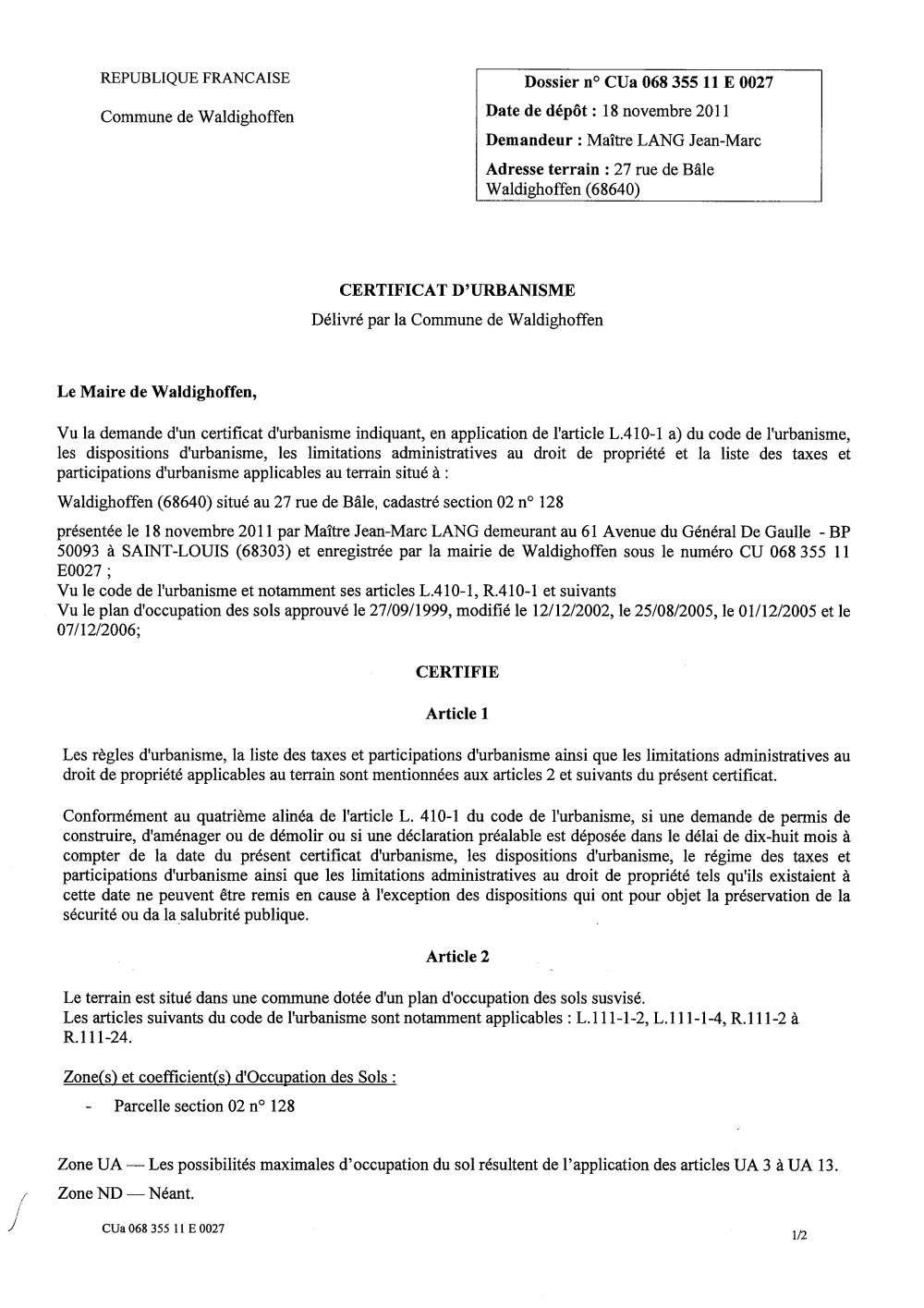Certificat d'urbanisme n°11E0027 - Me LANG