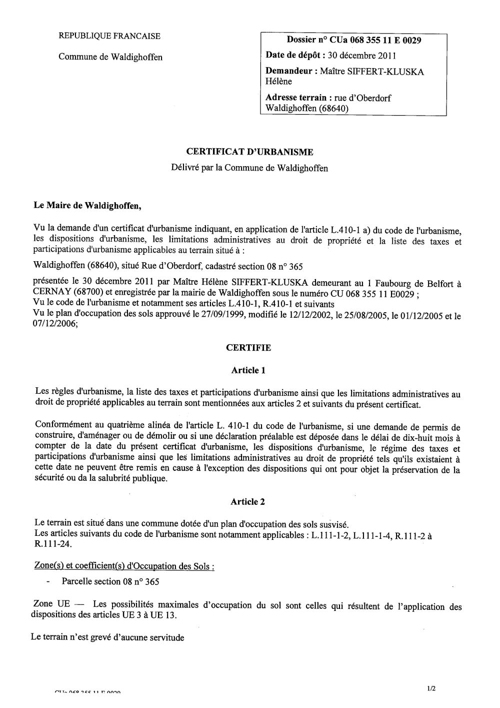 Certificat d'urbanisme n°11E0029 - Me SIFFERT-KLUSKA