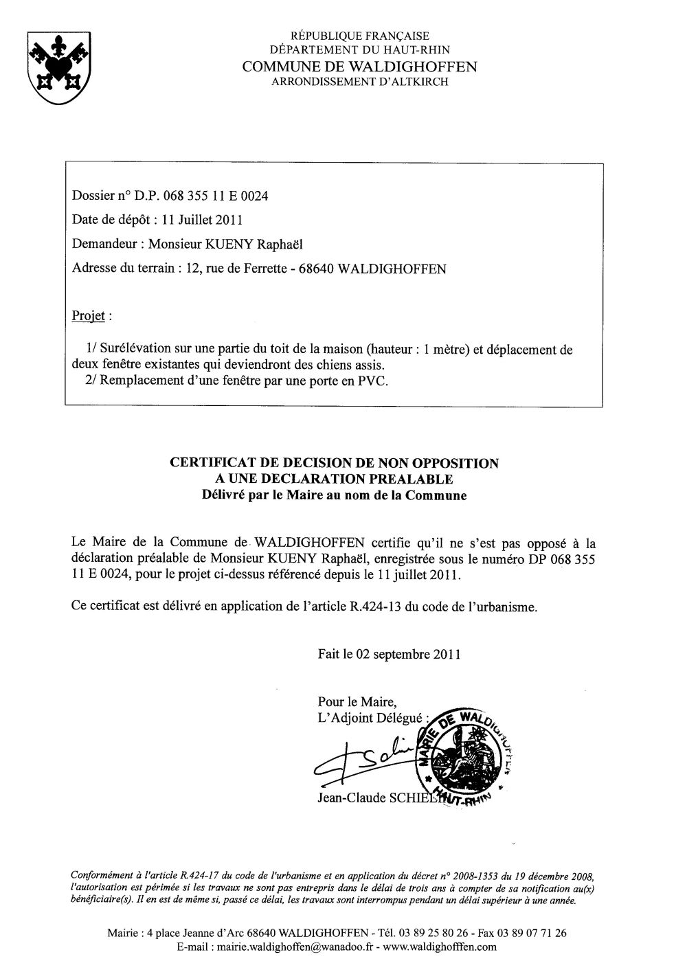 Non-opposition à la déclaration préalable n°11E0024 - M. KUENY