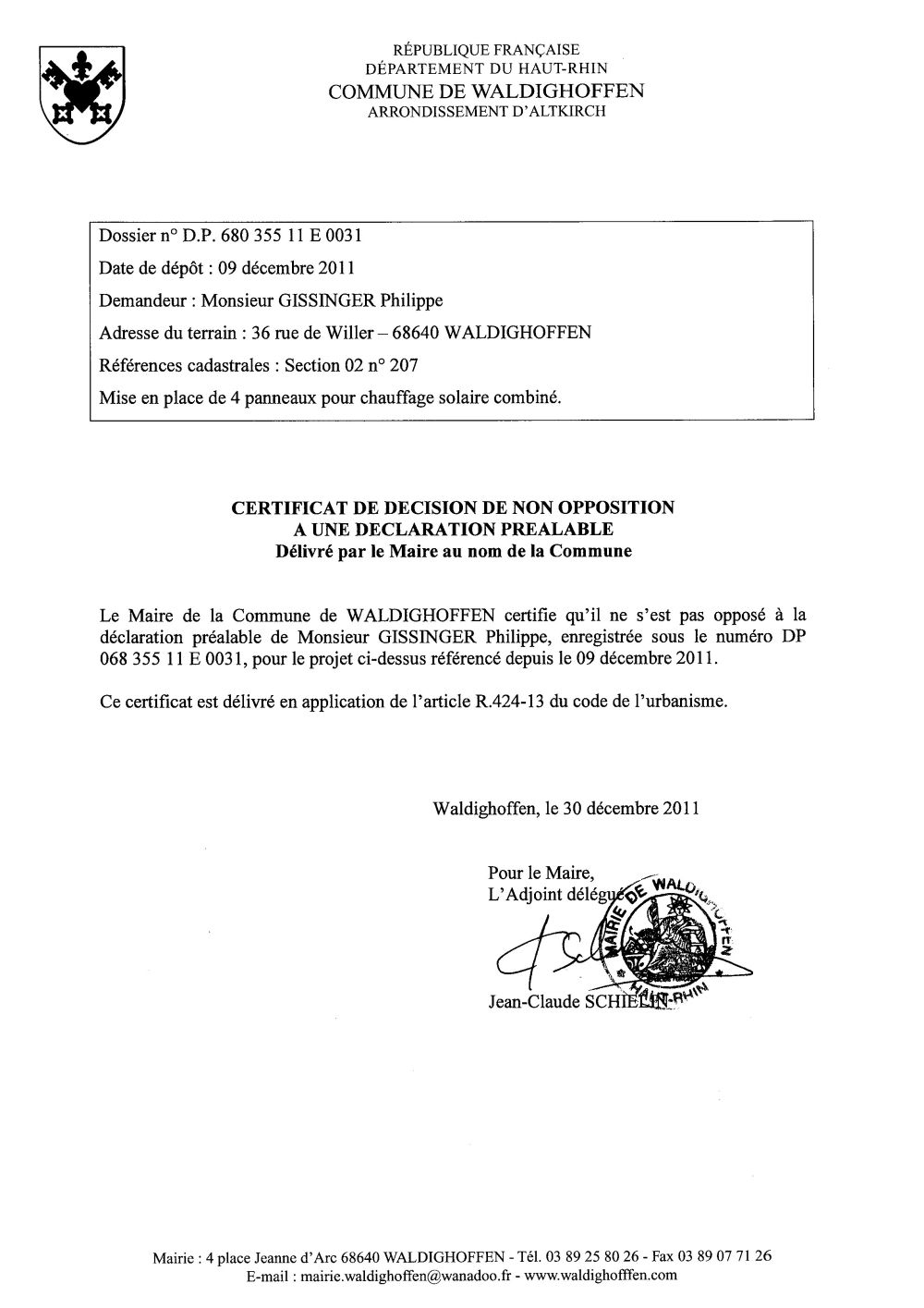 Non-opposition à la déclaration préalable n°11E0031 - M. GISSINGER