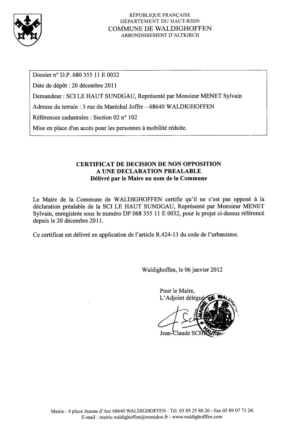 Non-opposition à la déclaration préalable n°11E0032 - SCI SUNDGAU
