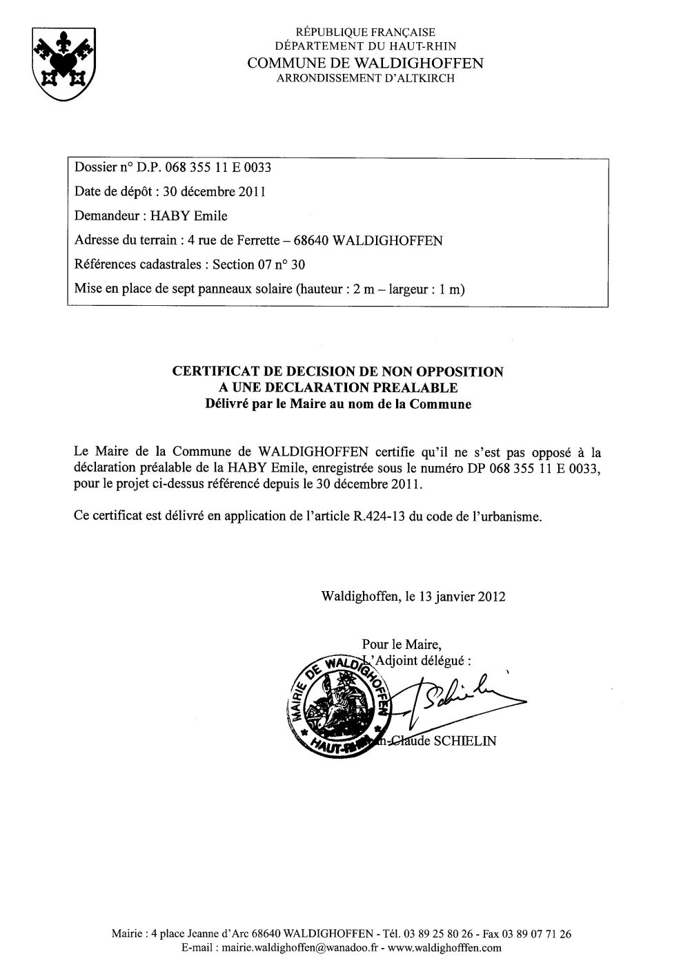 Non-opposition à la déclaration préalable n°11E0033 - M. HABY