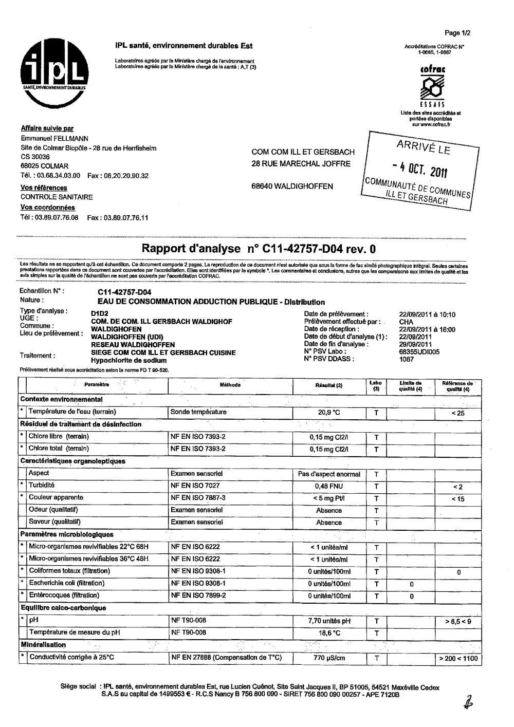 Rapport d'analyse d'eau potable n°C11-42757-D04 du 29/09/201