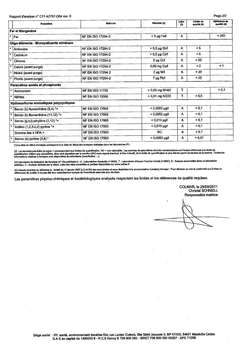 Rapport d'analyse d'eau potable n°C11-42757-D04 du 29/09/2011