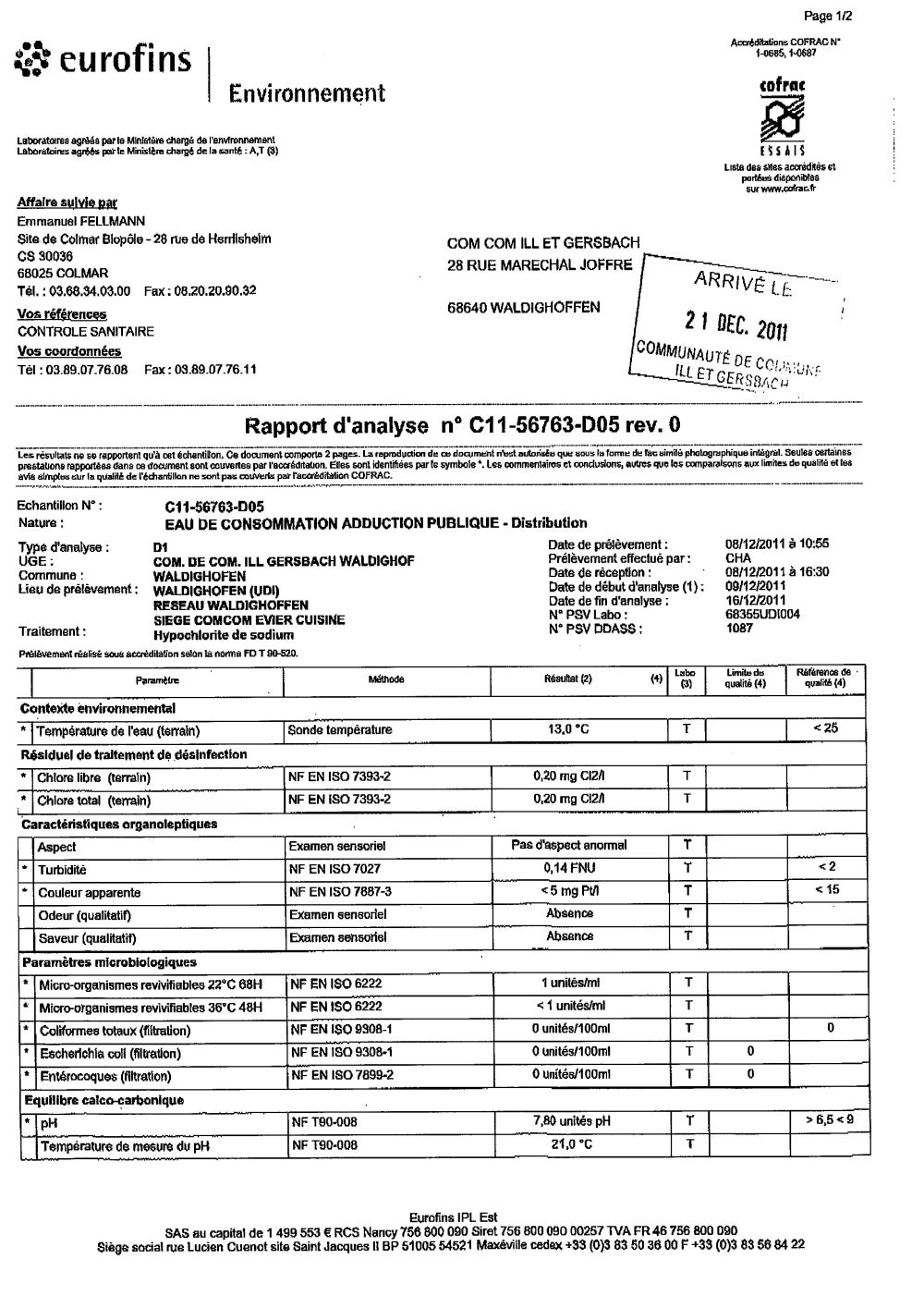 Rapport d'analyse d'eau potable n°C11-56763-D05 du 18/12/2011