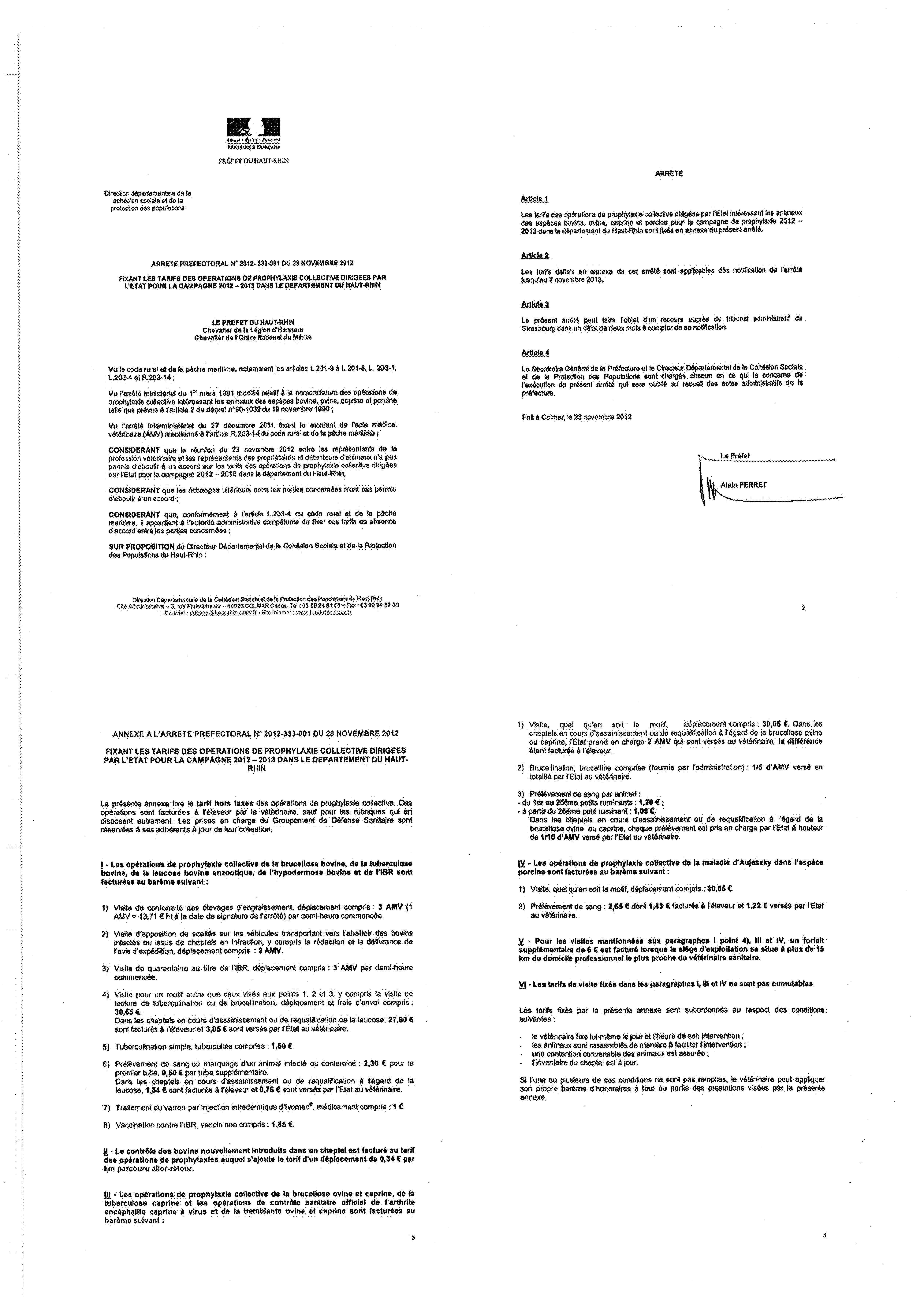 Arrêté 2012-333-001 - Tarifs des opérations de prophylaxie