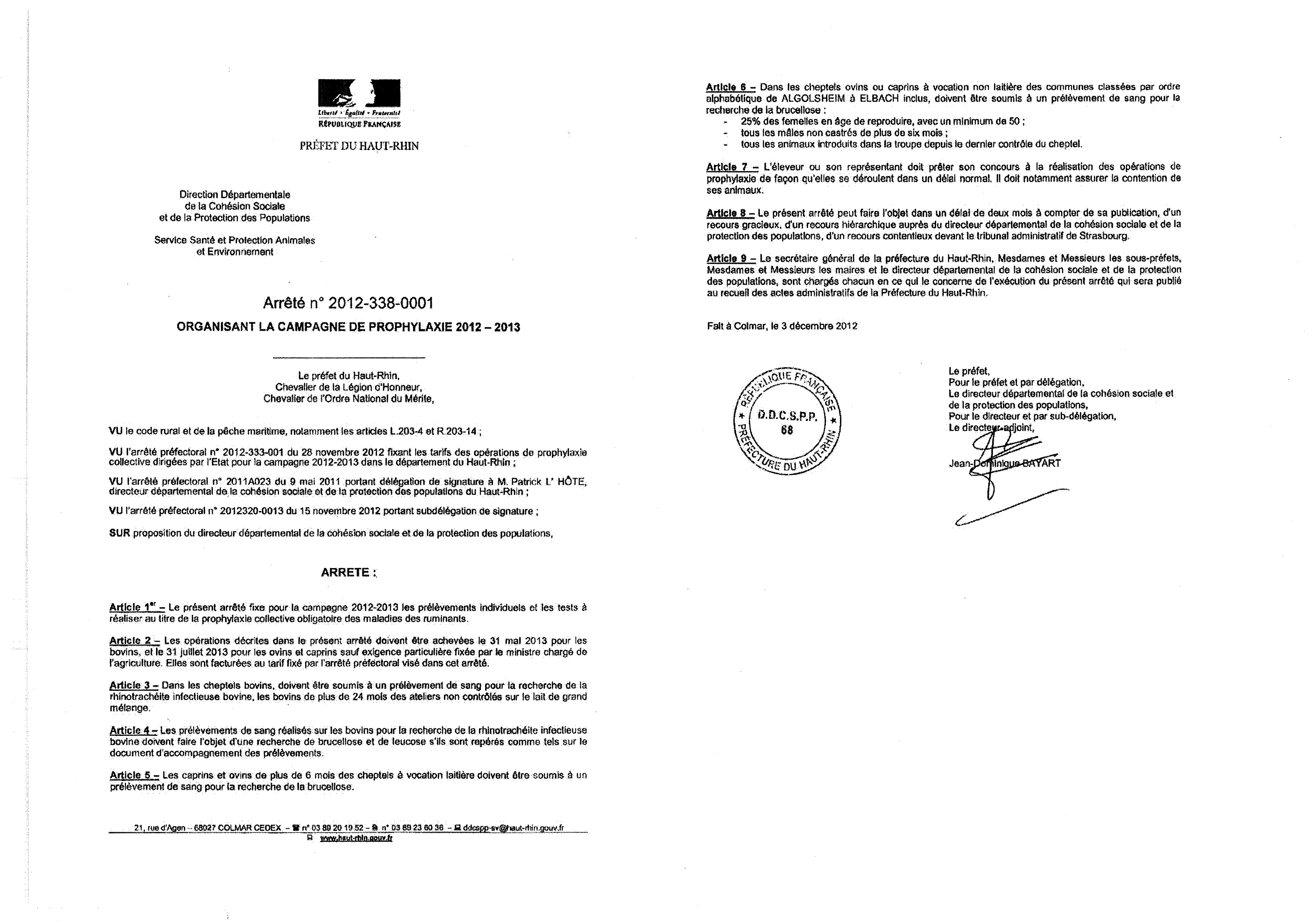 Arrêté 2012-338-0001 - Campagne de prophylaxie 2012-2013