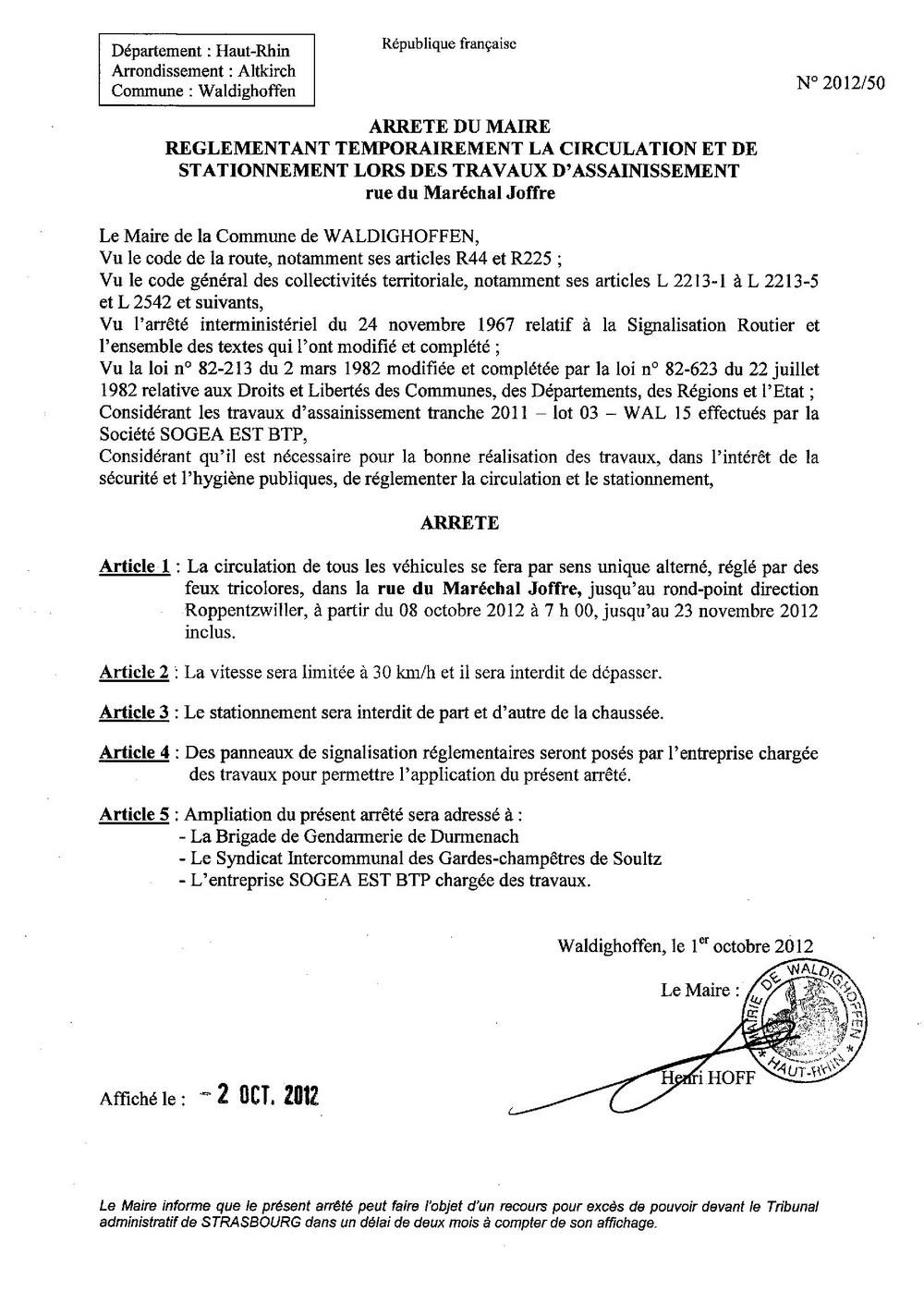 Arrêté de circulation n° 2012-50