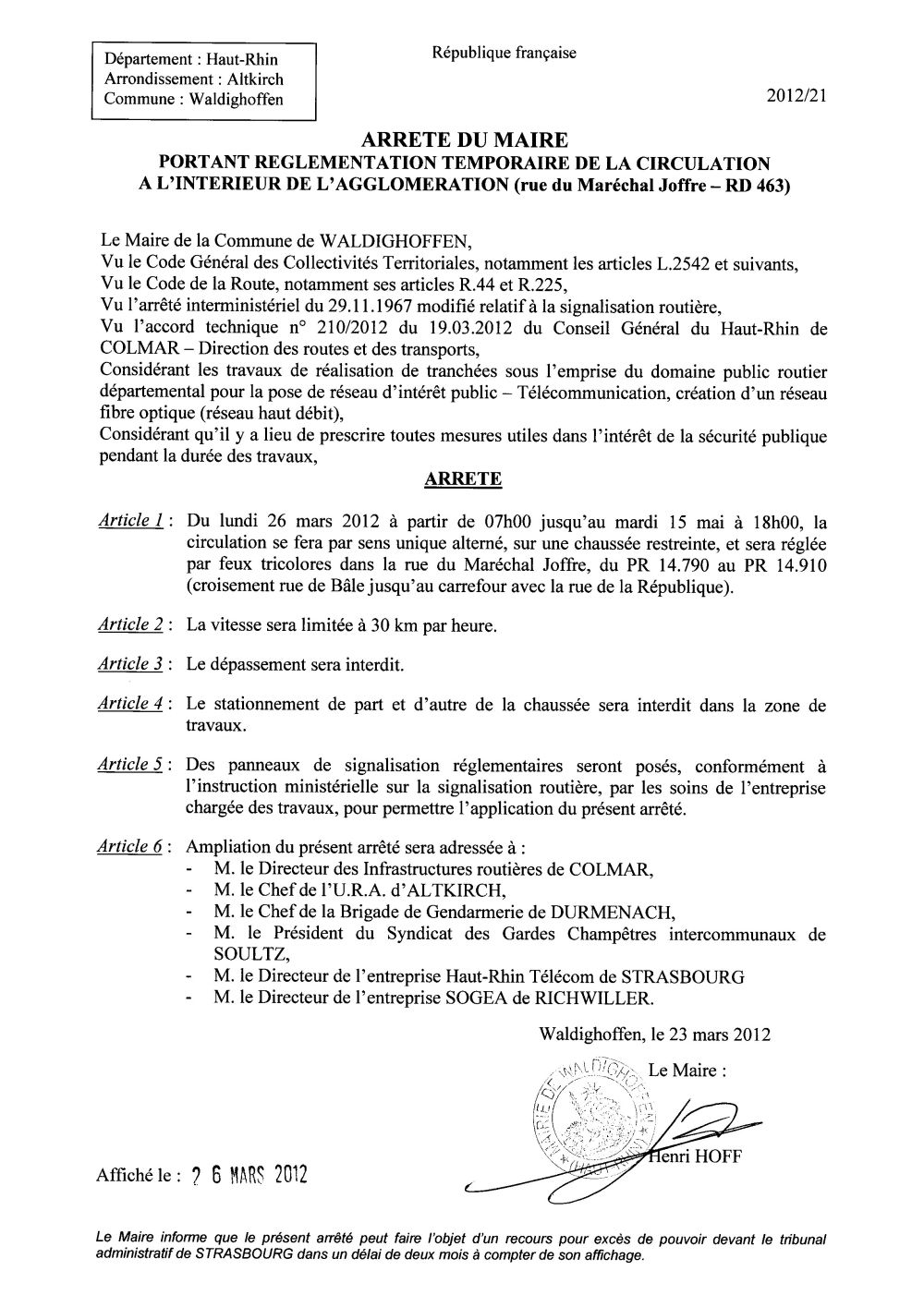 Arrêté de circulation - rue du Maréchal Joffre