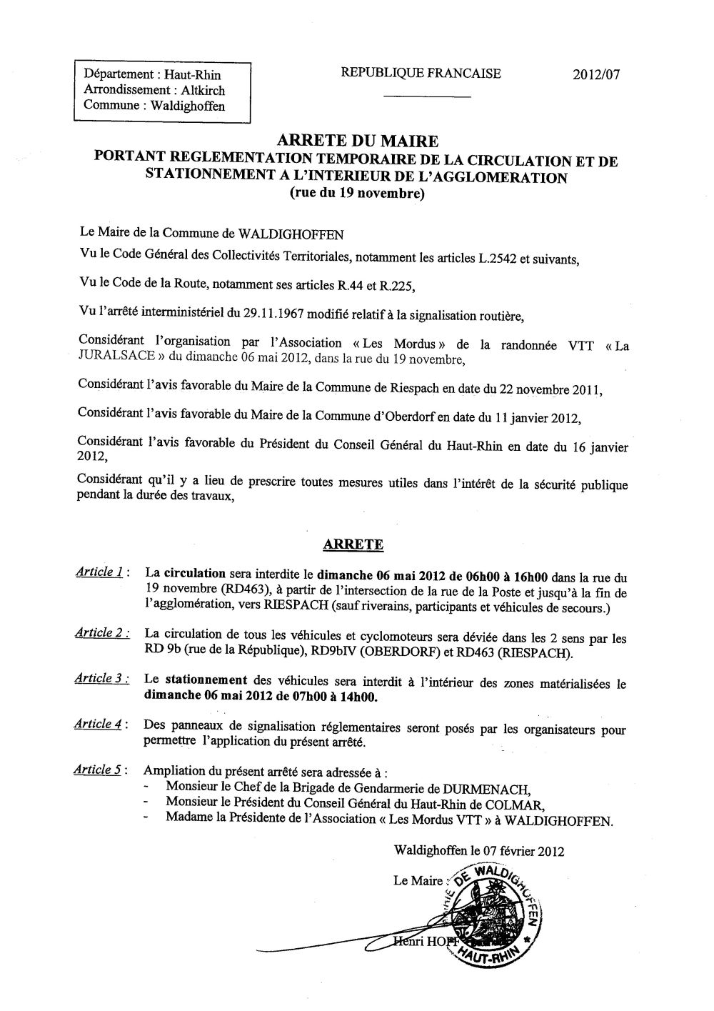 Arrêté de Maire n° 2012/07 - circulation