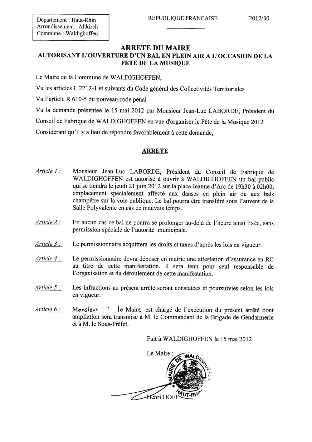 Arrêté du Maire n°2012/30 - Fête de la musique