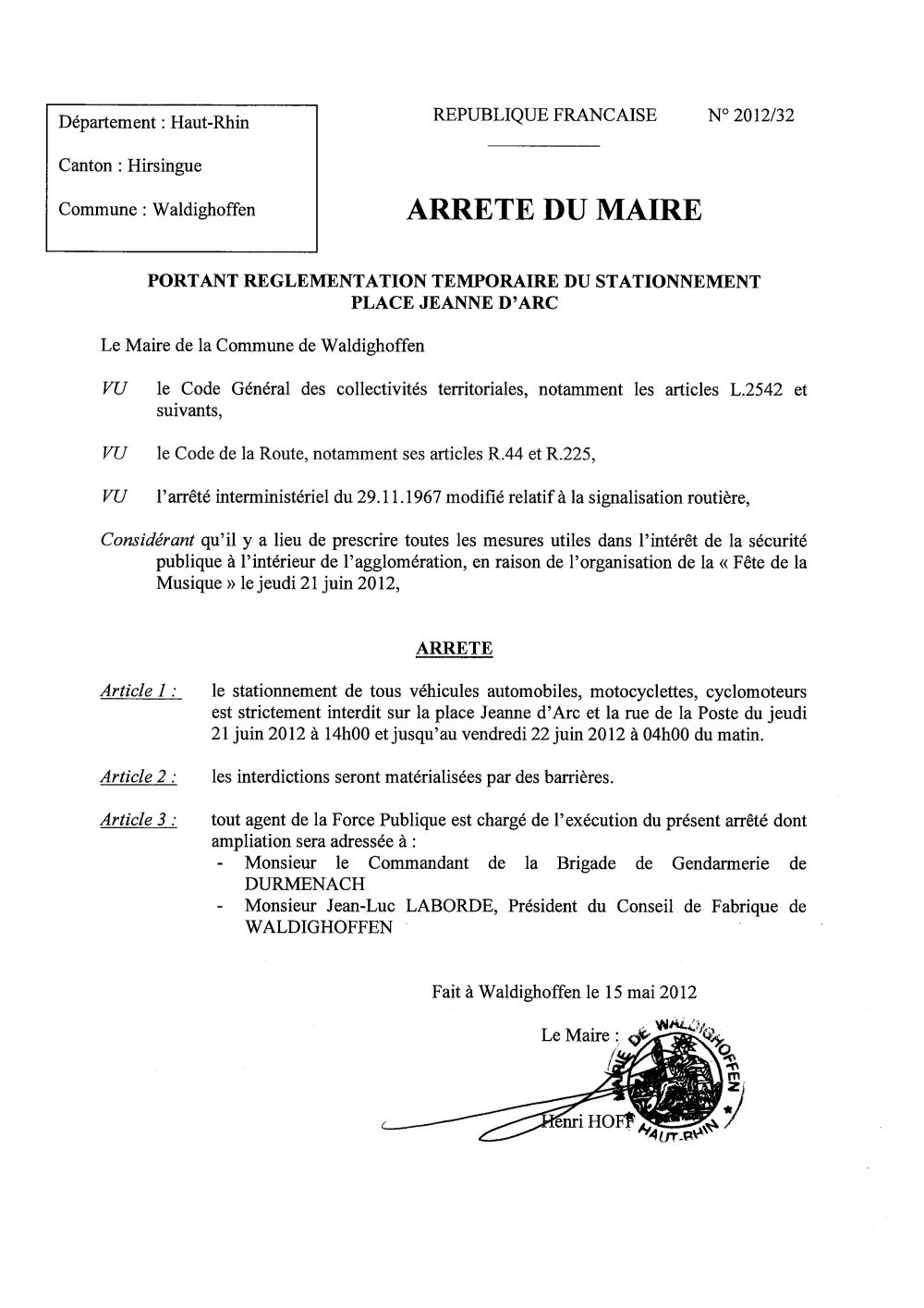 Arrêté du Maire n°2012/32 - Fête de la musique