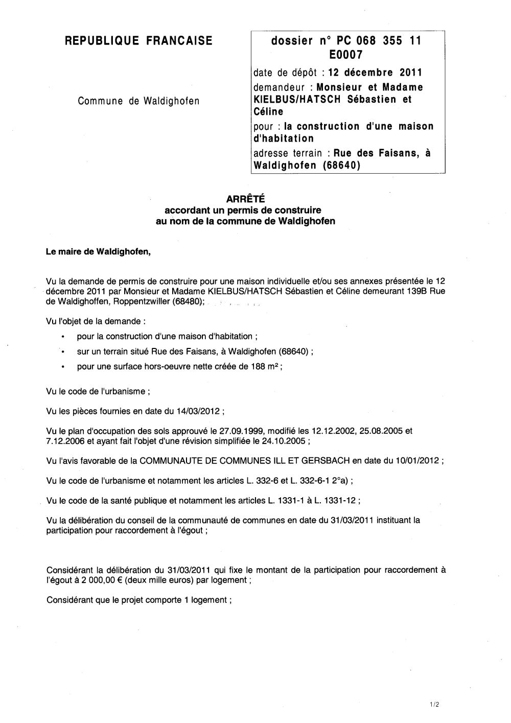 Arrêté du permis de construire n°11E0007 - M. et Mme KIELBUS