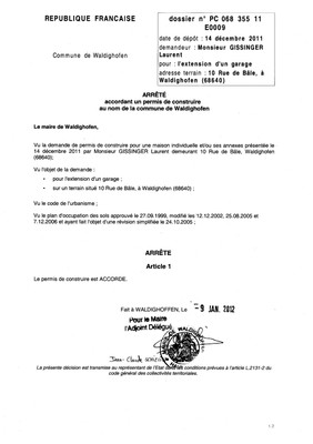 Arrêté du permis de construire n°11E0009 - M. GISSINGER