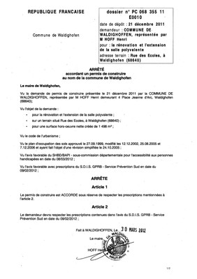 Arrêté du permis de construire n°11E0010 - Commune de Waldighoffen