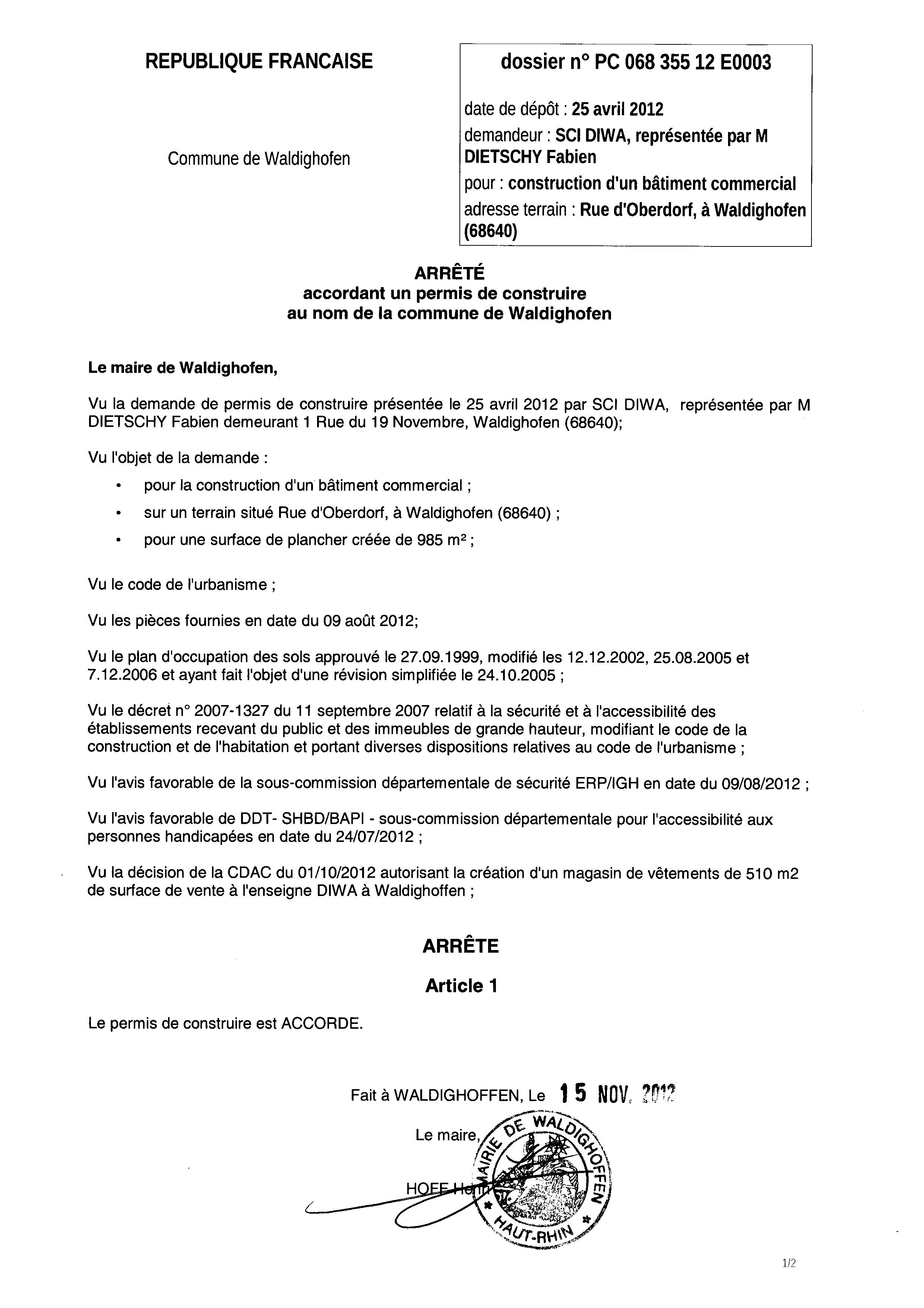 Arrêté du permis de construire n°12E0003 - SCI DIWA