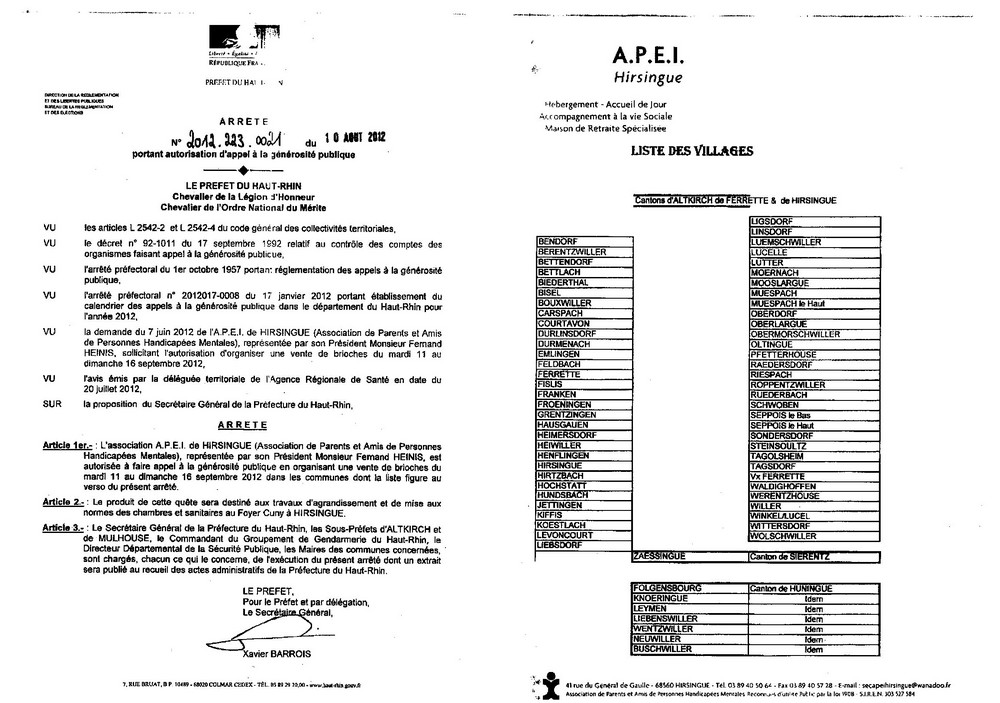 Arrêté opération brioches 2012