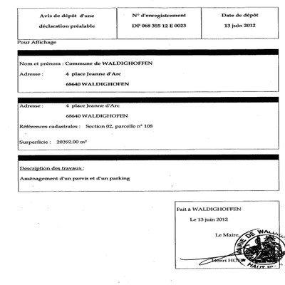 Avis de dépôt  n°12 E 0023 - Eggenspieler Frédéric