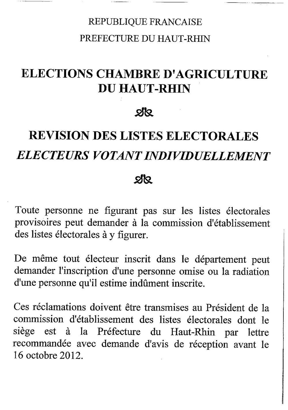 Avis de révision pour les élections de la chambre d'agriculture du Haut-Rhin