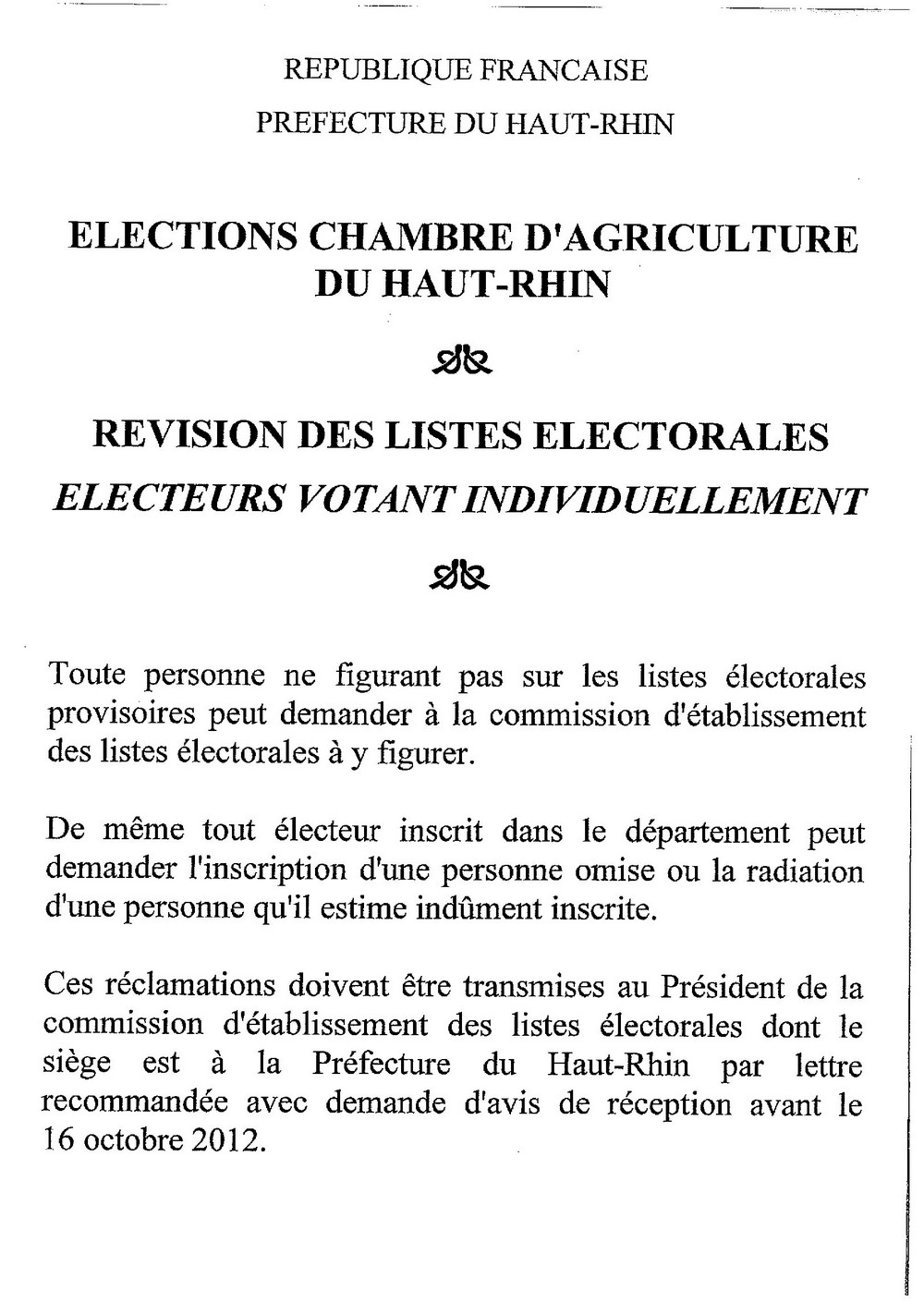 Avis de révision pour les élections de la chambre d'agriculture du Haut-Rhin