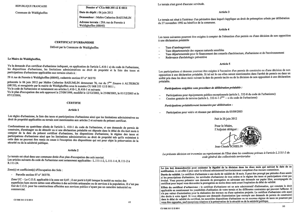 Certificat d'urbanisme CU12E0011 - Me Baeumlin Catherine