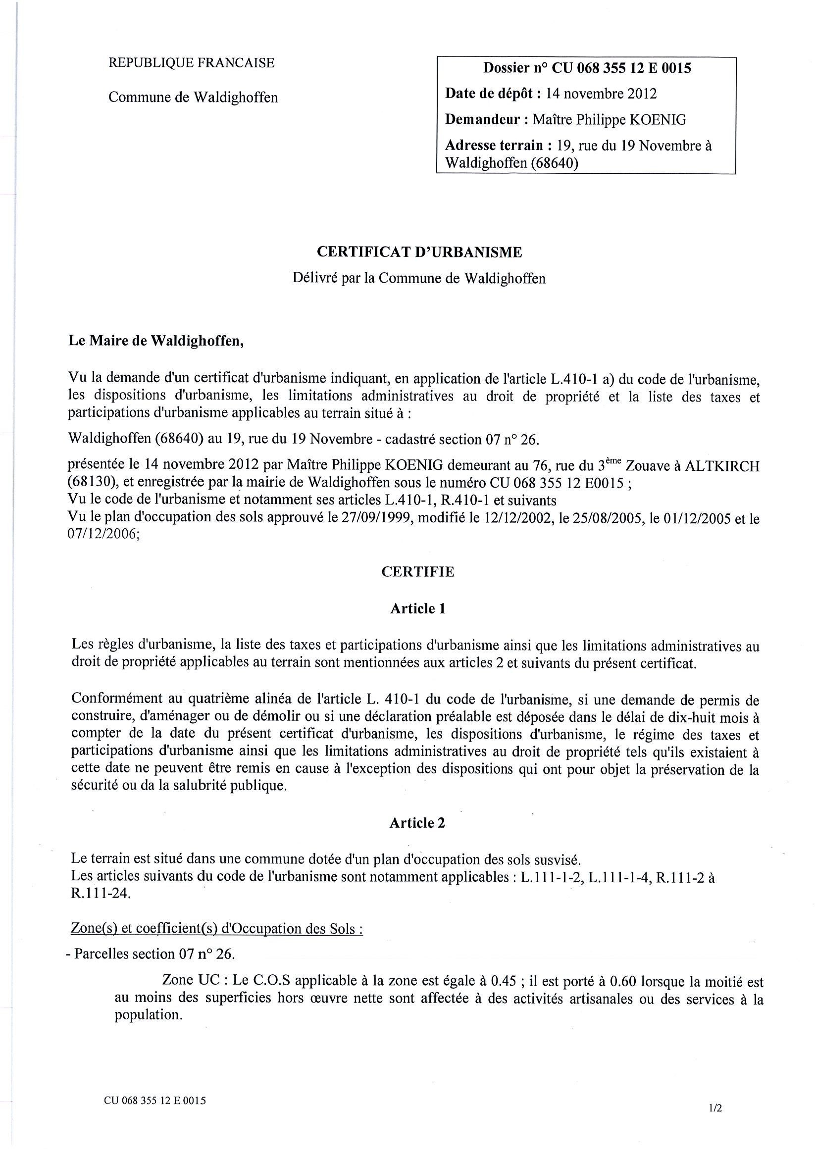 Certificat d'urbanisme n°12E0015 - Me KOENIG
