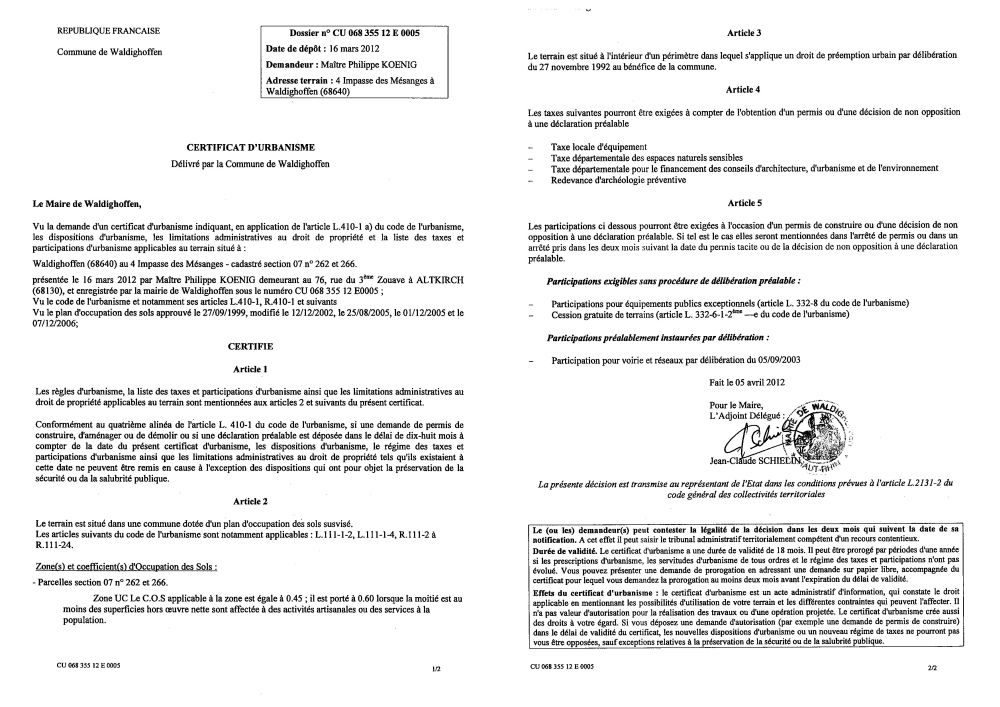 Certificat d'urbanisme n°12E0005 - Me KOENIG