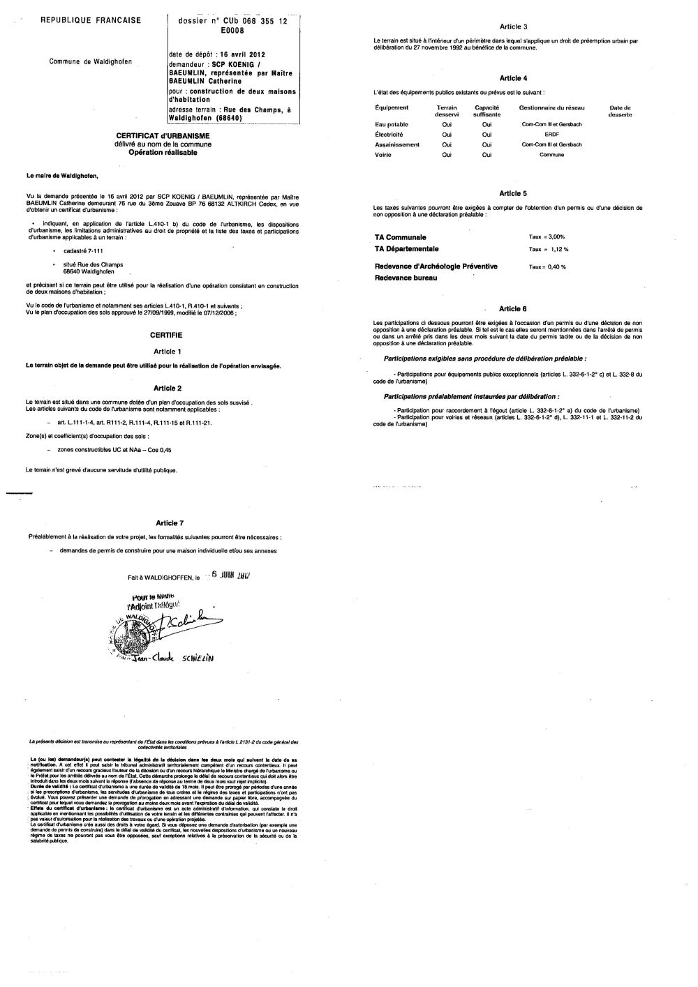 Certificat d'urbanisme n°12E0008 - Me BAEUMLIN