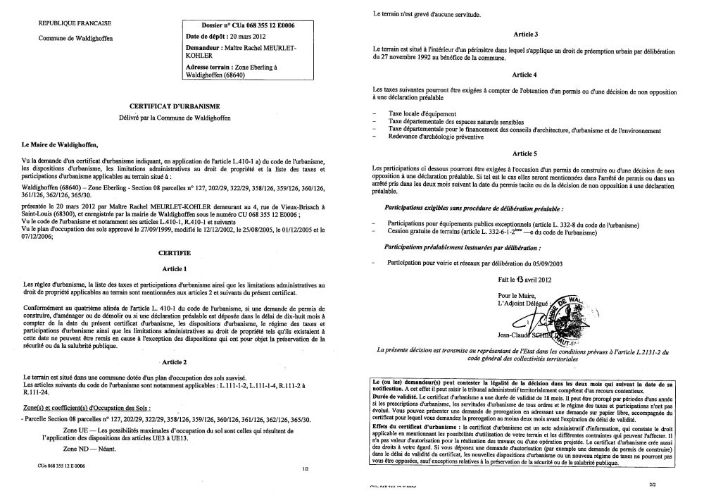 Certificat d'urbanisme n°12E006 - Me MEURLET-KOHLER