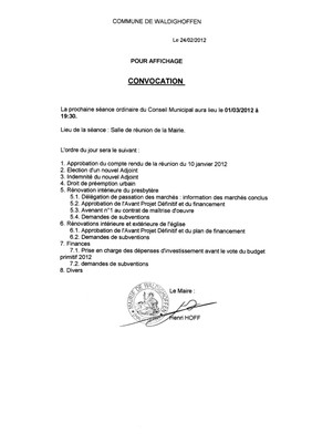 Convocation Conseil Municipal le 01.03.2012