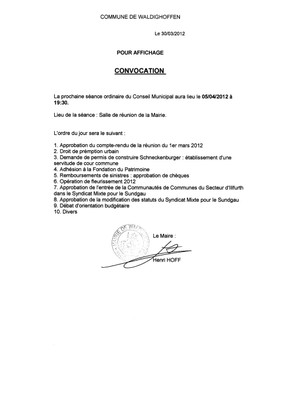 Convocation Conseil Municipal le 05.04.2012