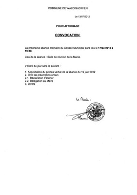 Convocation Conseil Municipal le 17.07.2012