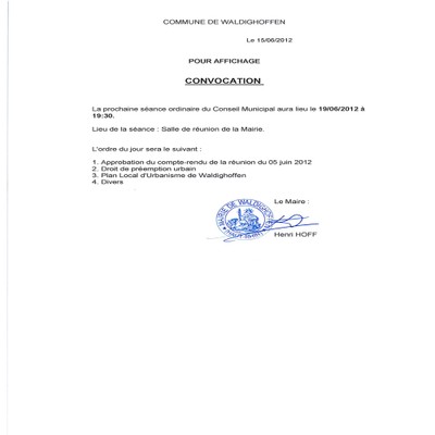 Convocation du conseil municipal le 19/06/2012