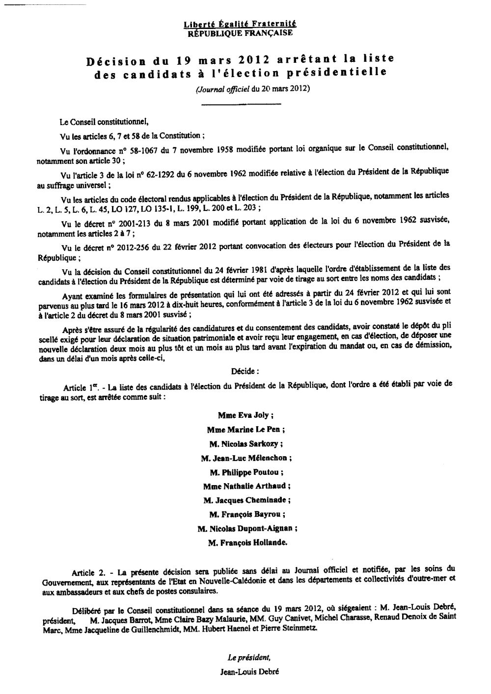 Liste des candidats à l'élection présidentielle 2012